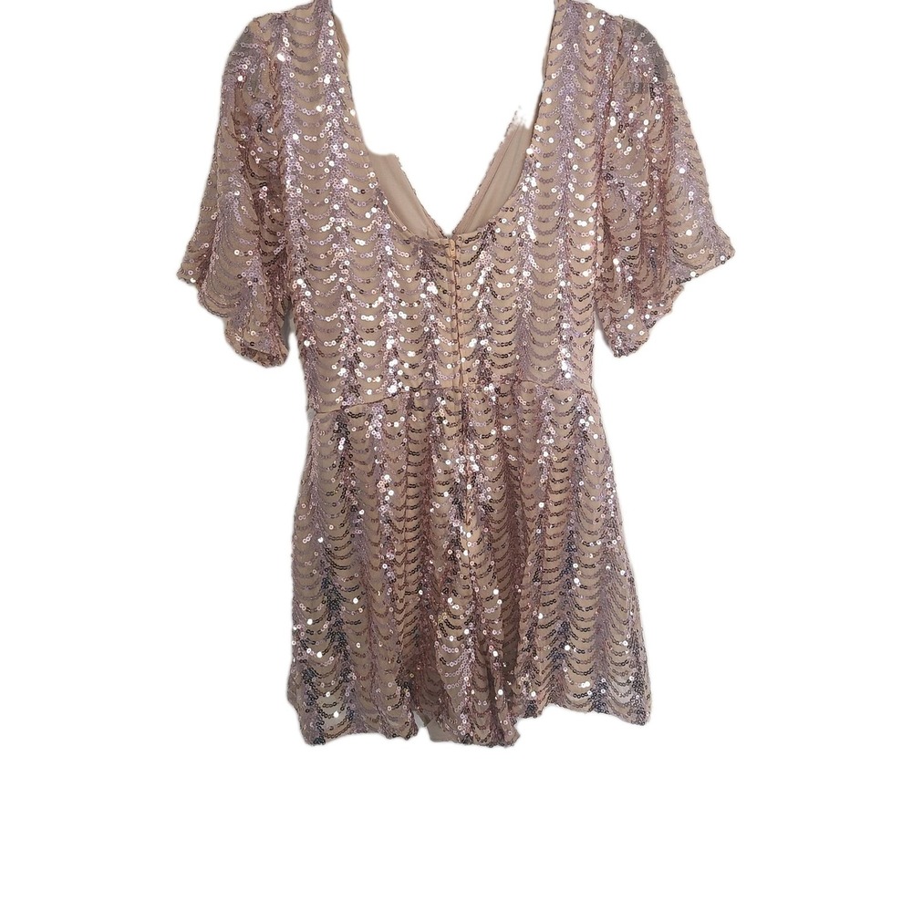 Pink Rose Sequin Flutter Sleeve Romper in Champagne